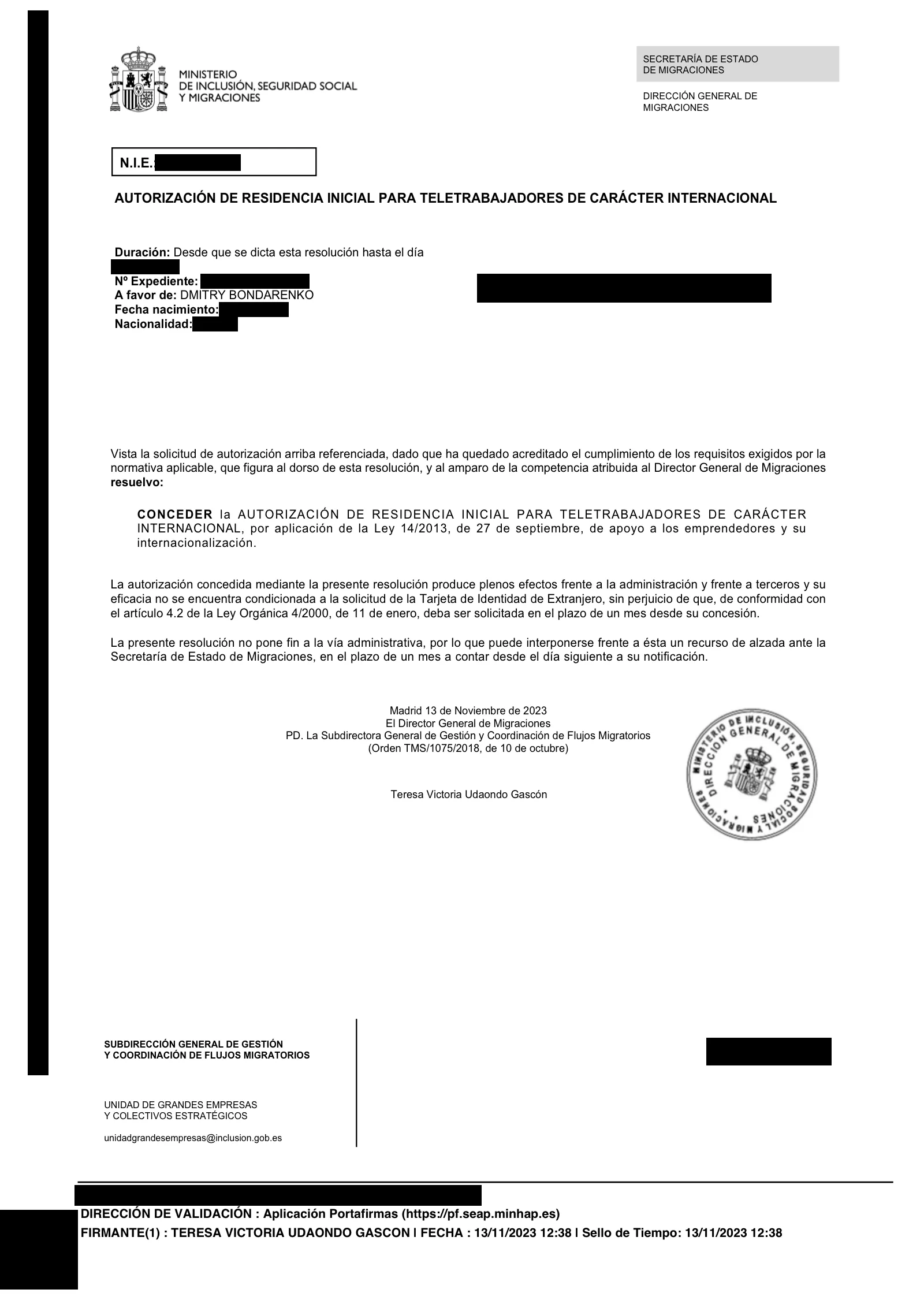 The founder's own UGE digital-nomad-visa approval — personal data covered with opaque plaques